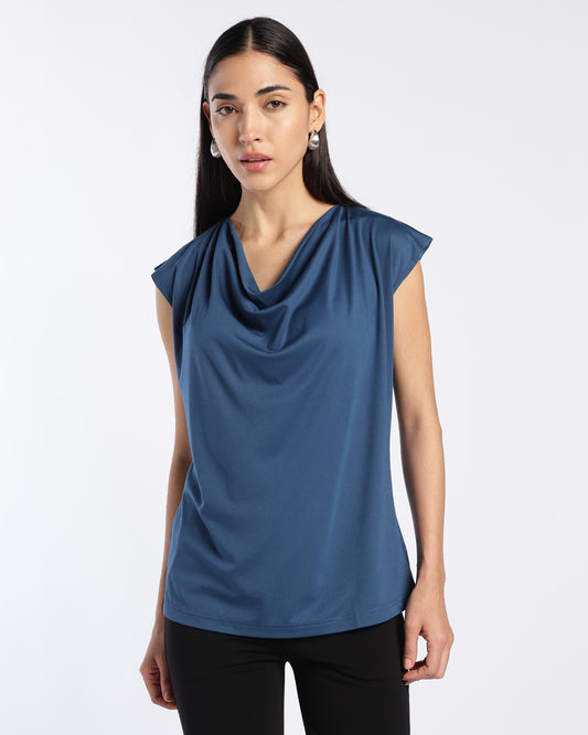 Sleeveless Teal Blue Cowl Neck Top
