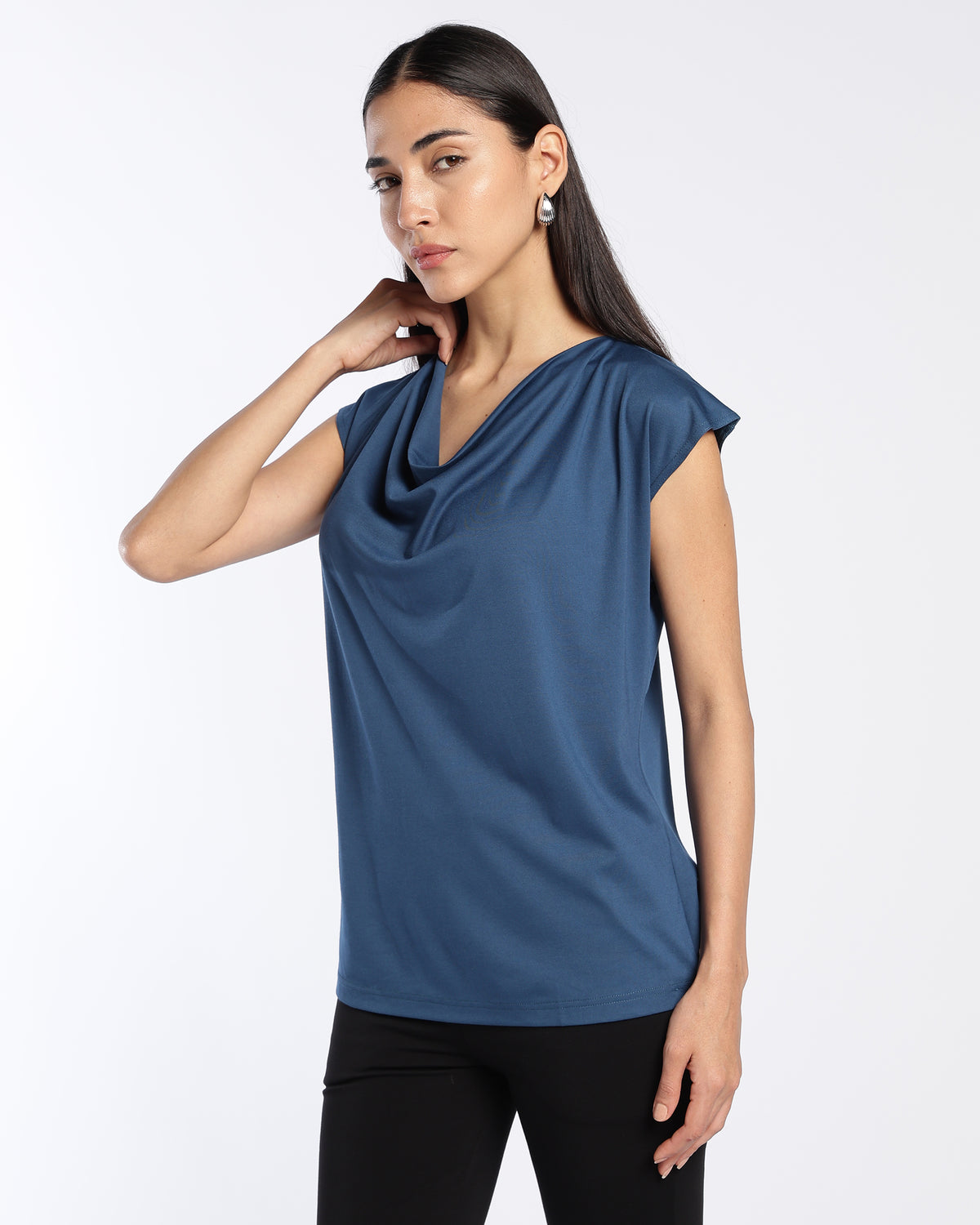 Sleeveless Teal Blue Cowl Neck Top