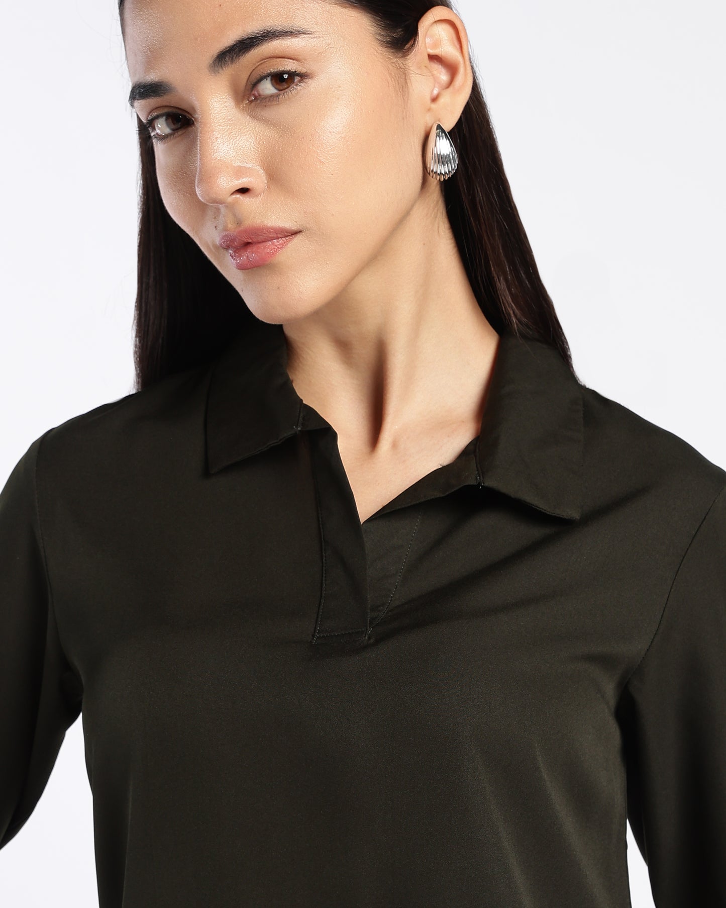 Dark Green Collared V-Neck Top