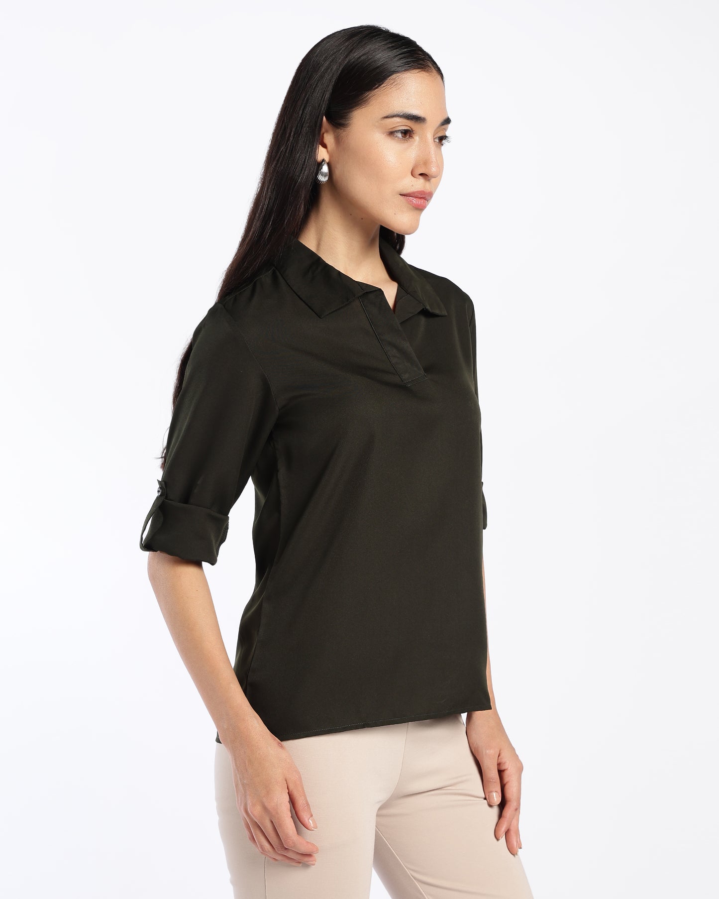 Dark Green Collared V-Neck Top
