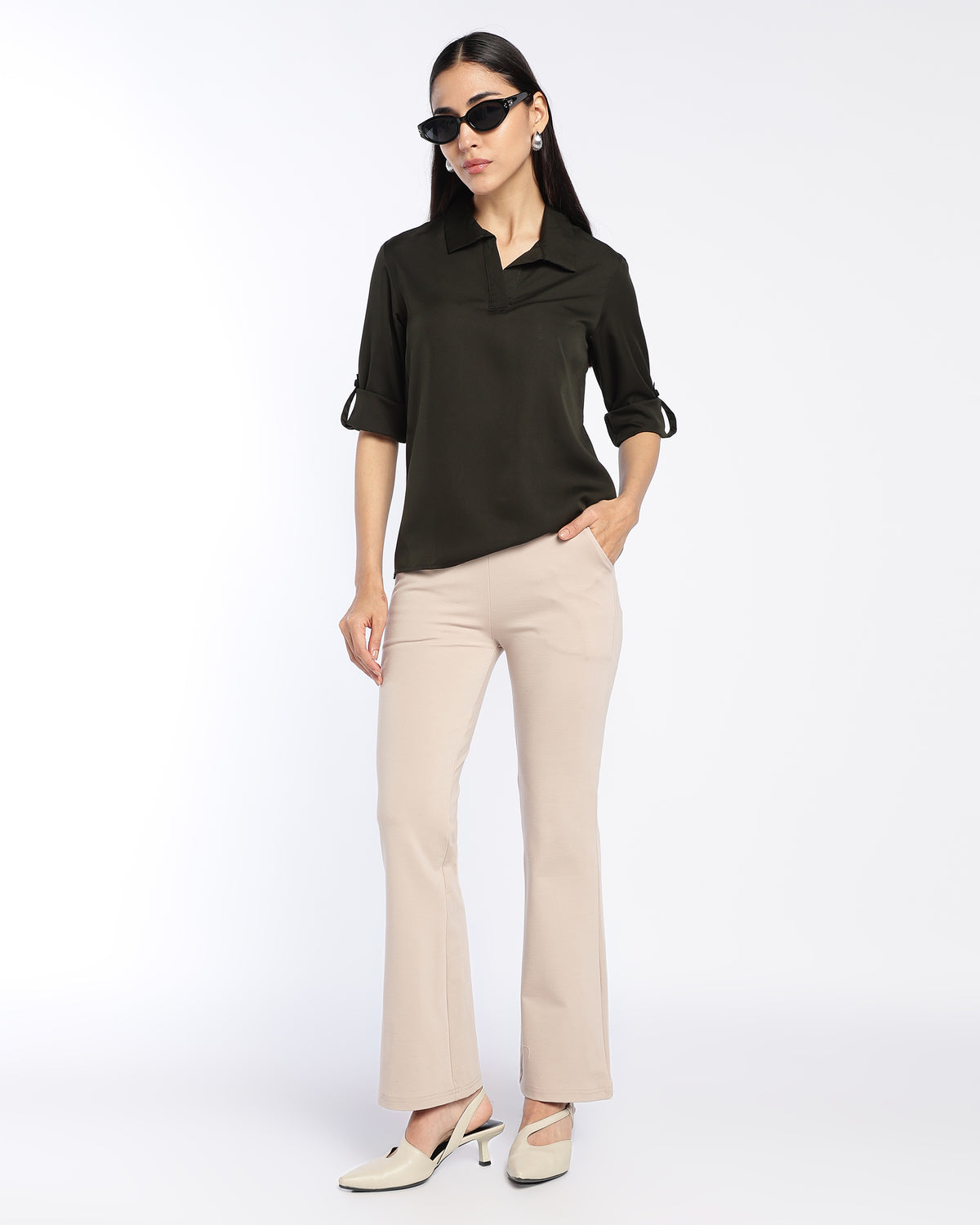 Dark Green Collared V-Neck Top