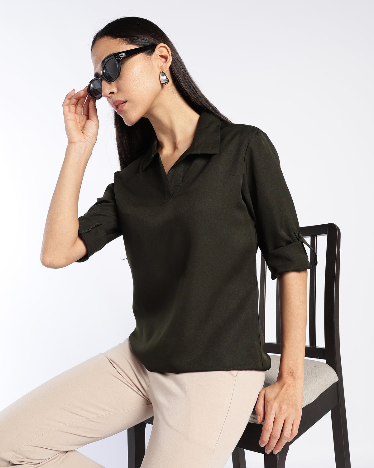 Dark Green Collared V-Neck Top