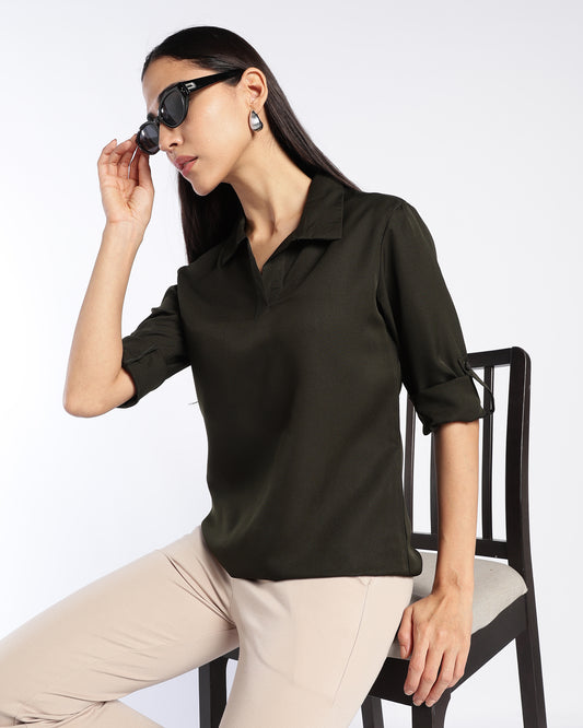 Dark Green Collared V-Neck Top