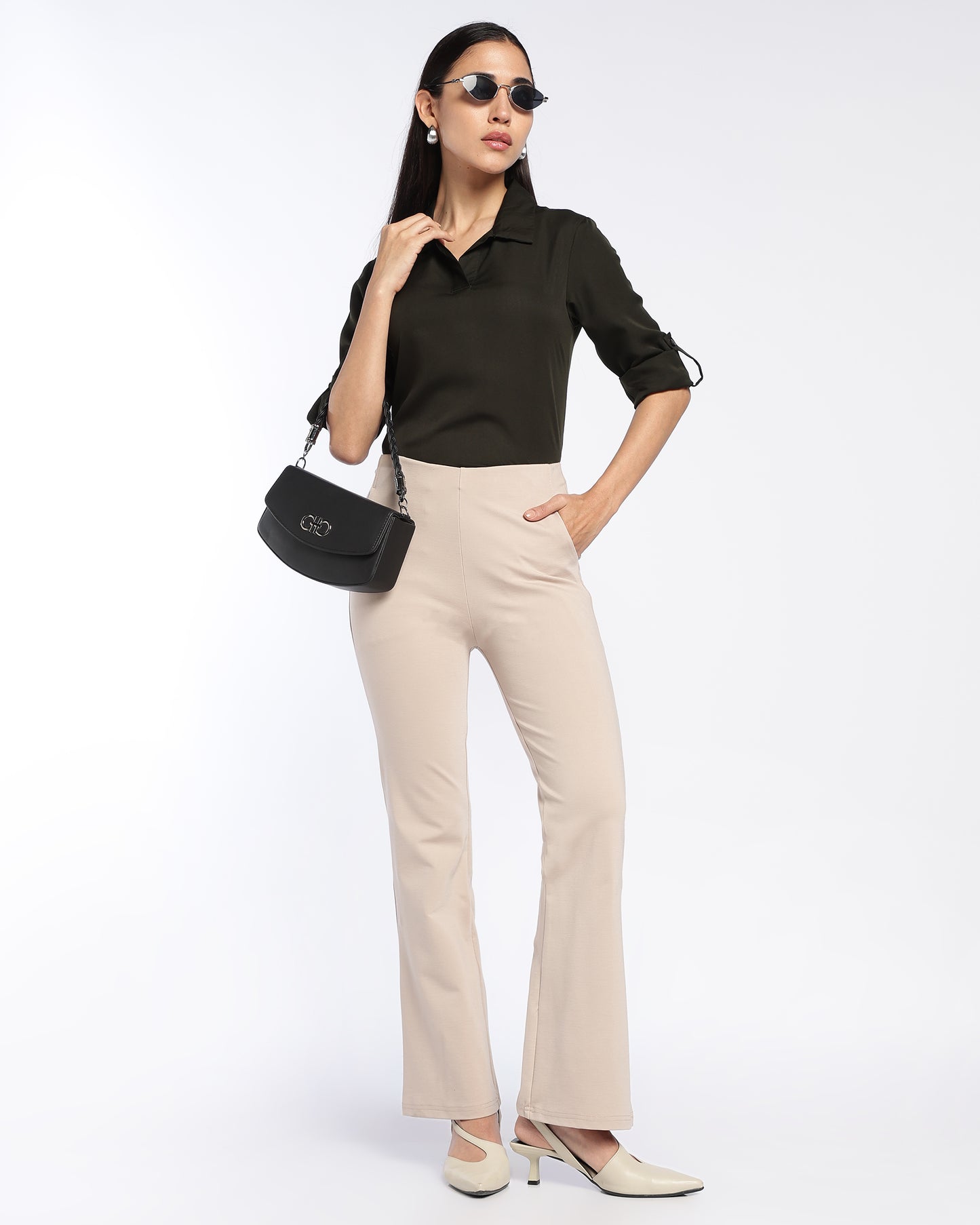 Beige High-Rise Bootleg Trousers