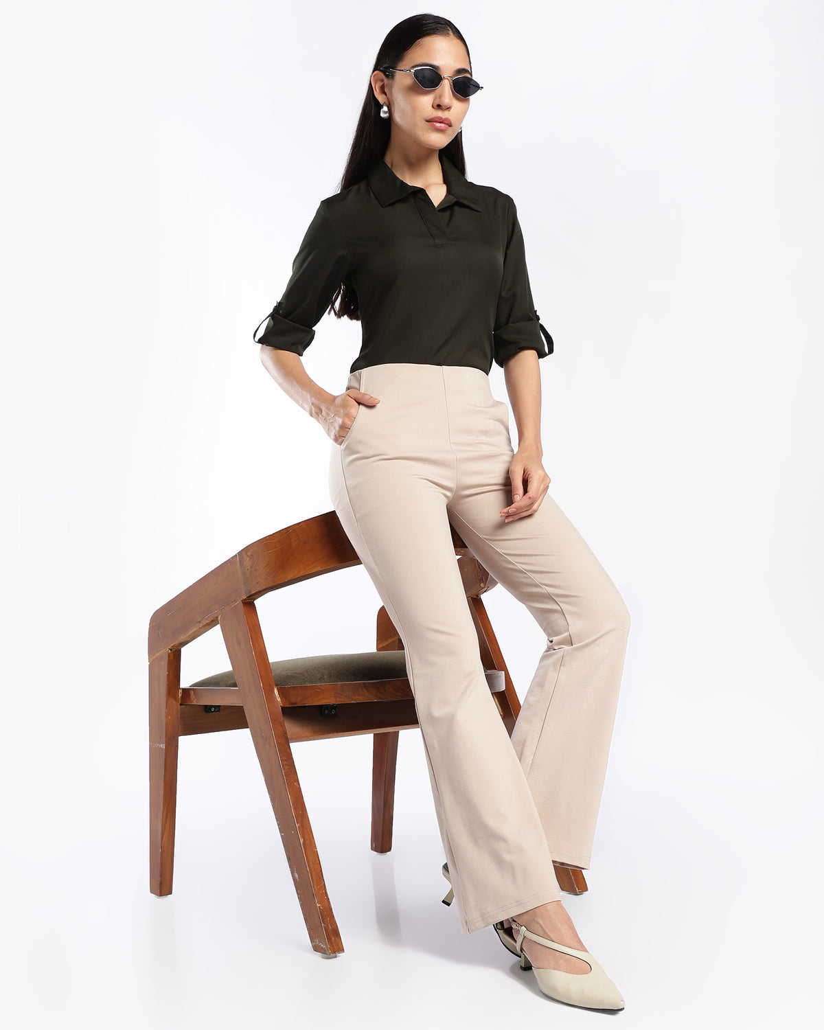 Beige High-Rise Bootleg Trousers