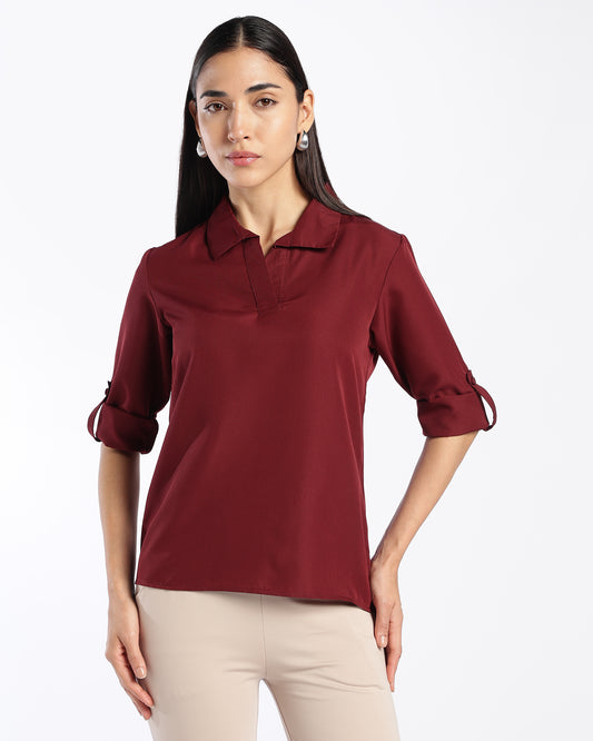 Maroon Collared formal V-Neck Top