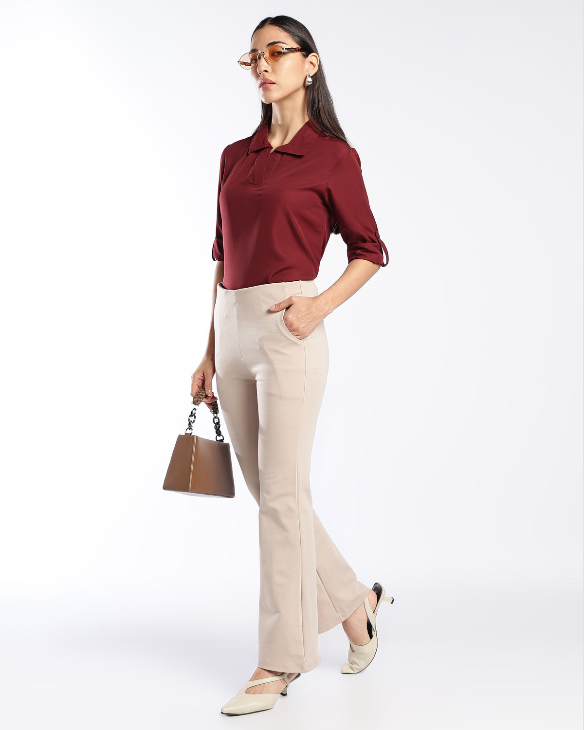 Maroon Collared formal V-Neck Top