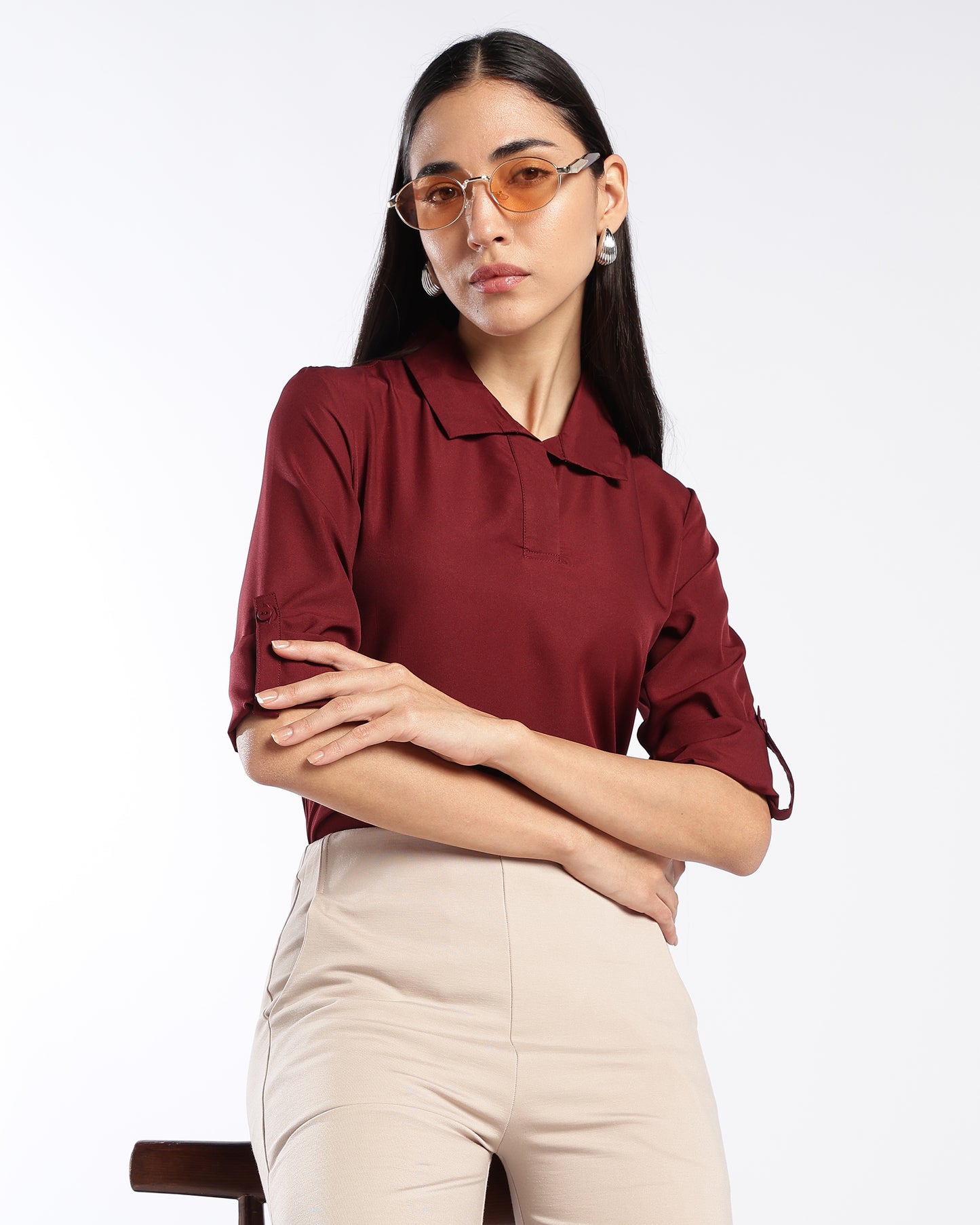 Maroon Collared formal V-Neck Top