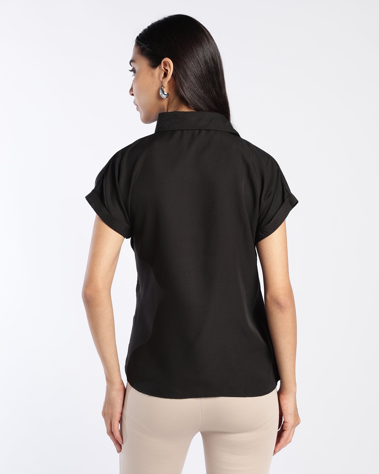 Black Sleeve Collared V-neckline Top