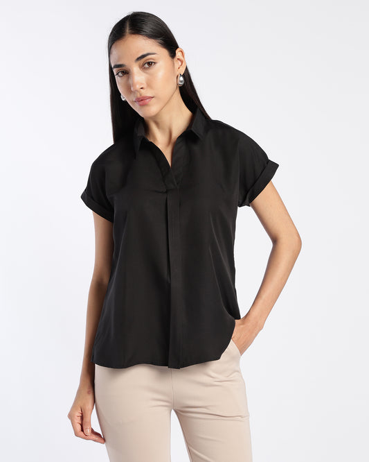 Black Sleeve Collared V-neckline Top