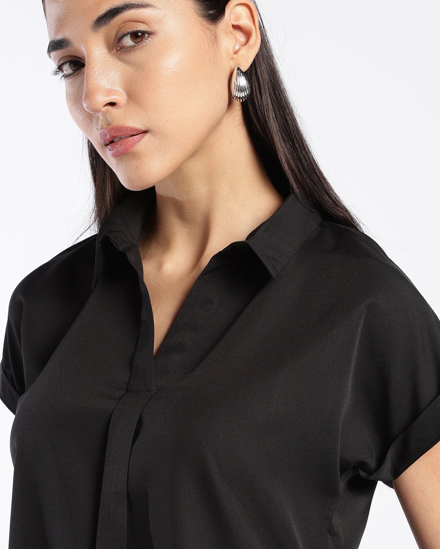Black Sleeve Collared V-neckline Top