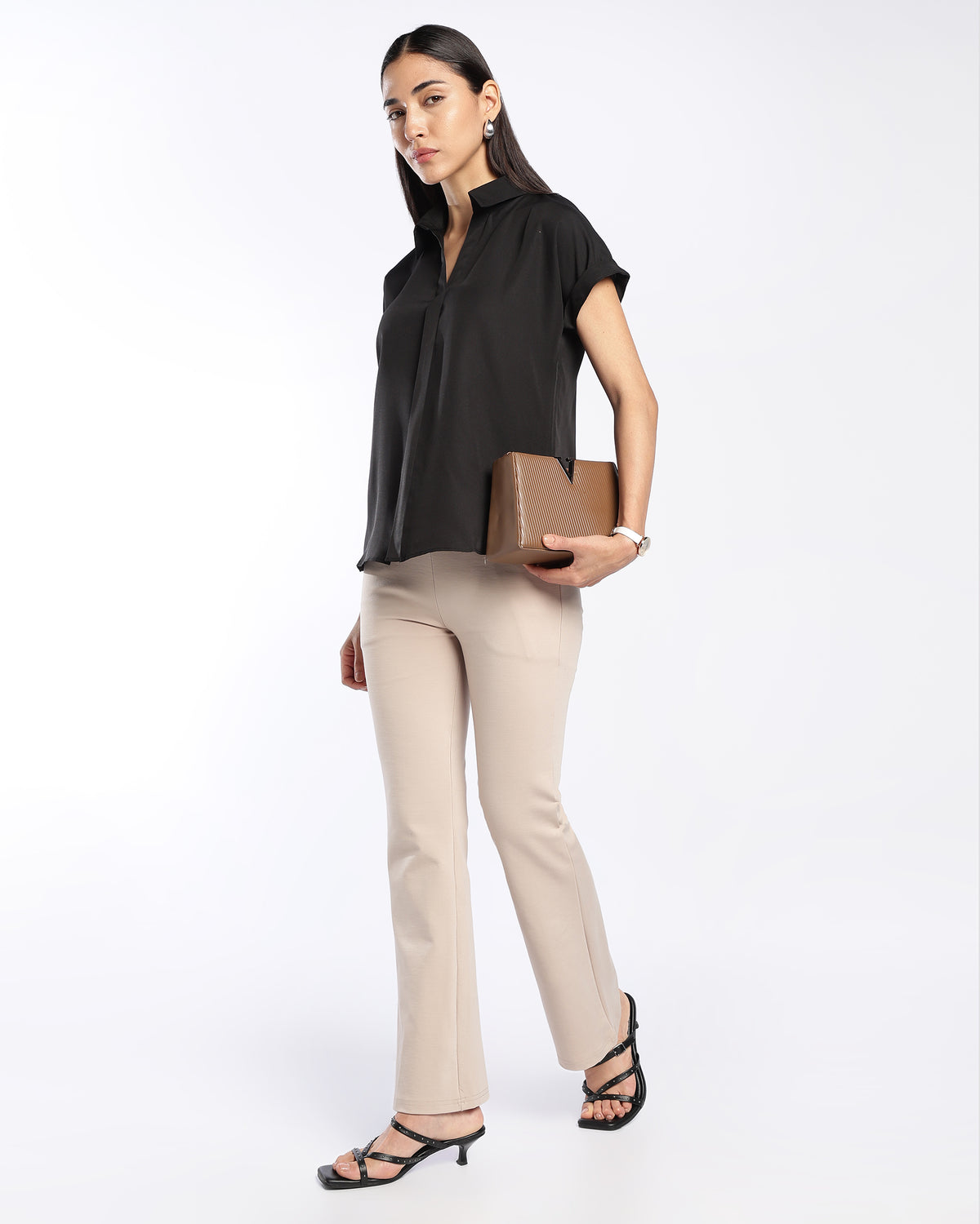 Black Sleeve Collared V-neckline Top