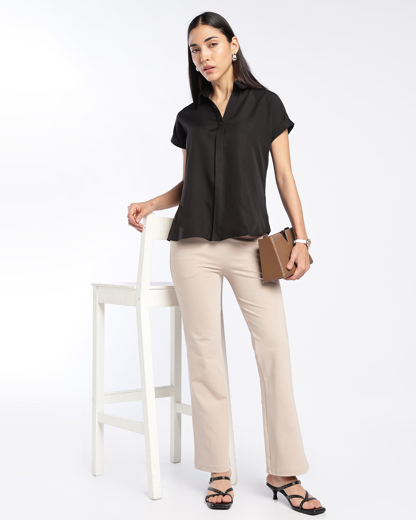 Black Sleeve Collared V-neckline Top