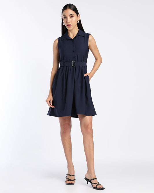 Midnight Blue Collared Skater Dress