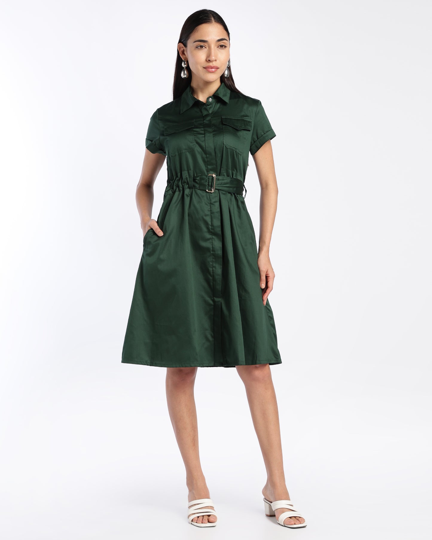 Emerald Green Belted Shirt Dress