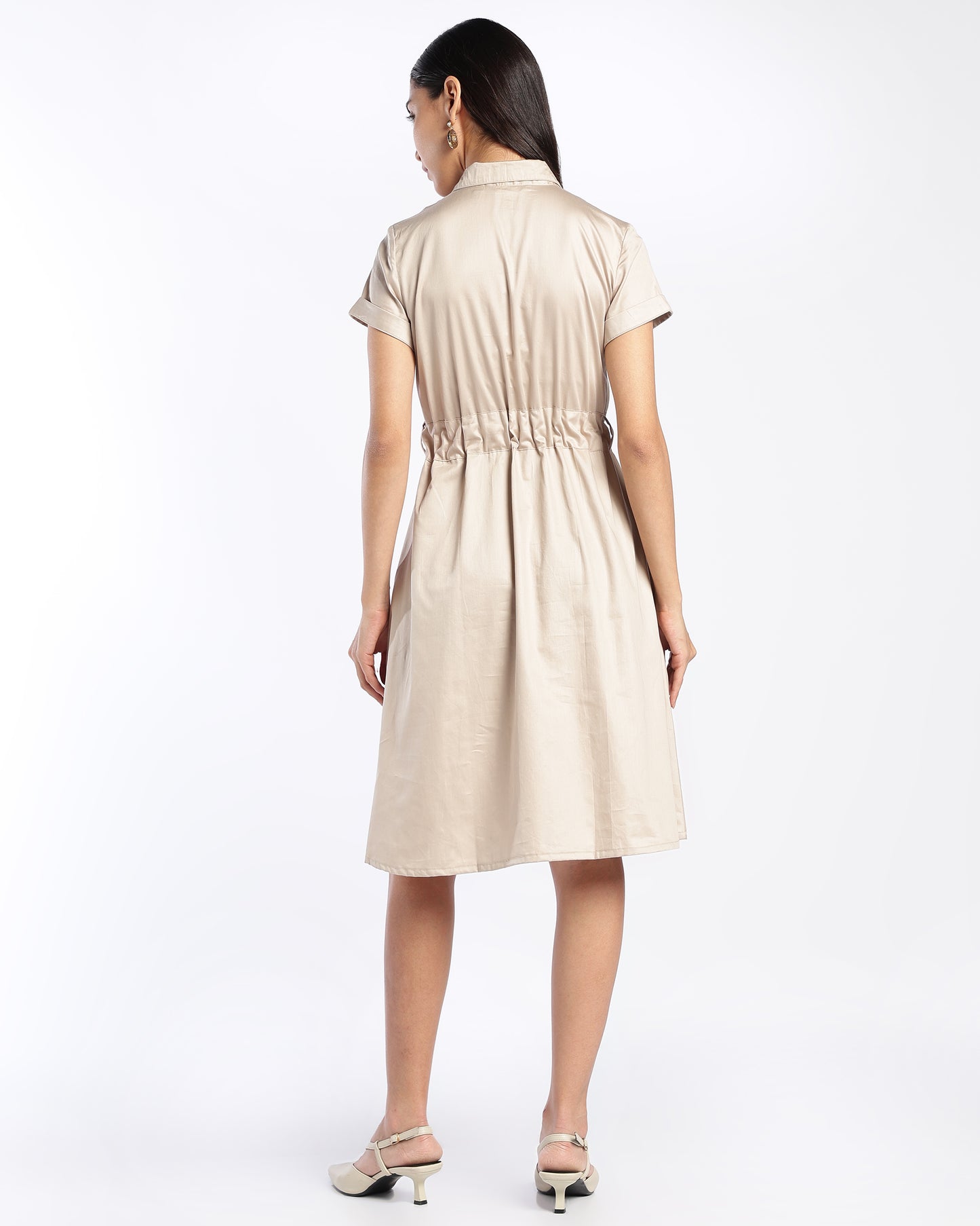 Beige Knee-Length Belted Shirt Dress