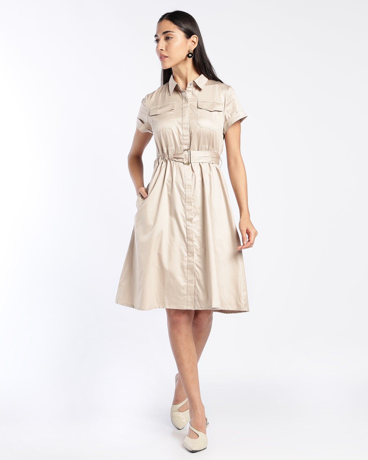 Beige Knee-Length Belted Shirt Dress