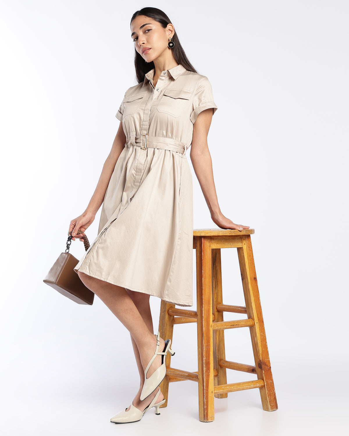 Beige Knee-Length Belted Shirt Dress